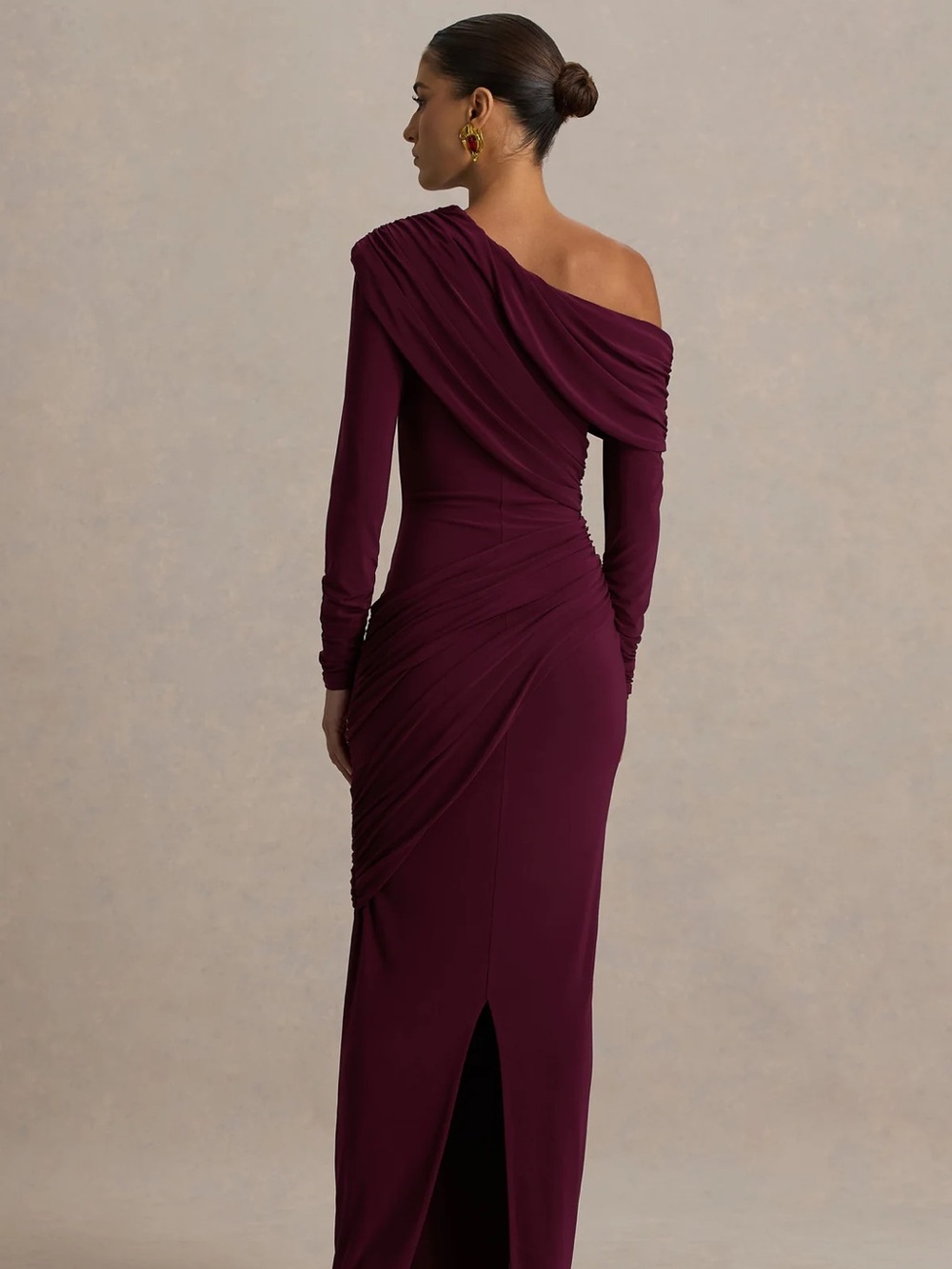 Club L London One-Shoulder Ruched Wine Long Sleeve Gown - Picture 2 of 2